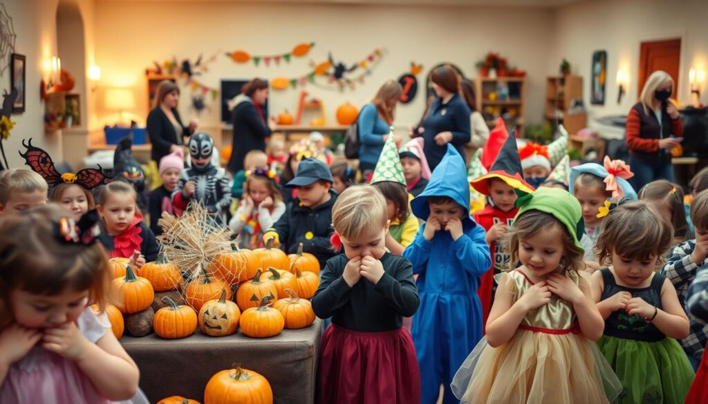 A bustling Halloween costume contest preparation scene. In the foreground, a group of excited children in various creative costumes, carefully adjusting their outfits and accessories. The middle ground showcases a lively display of colorful, whimsical props and decorations - pumpkins, spider webs, and spooky silhouettes. In the background, a warm, autumnal setting with a cozy, well-lit room, where parents and guardians provide guidance and encouragement. Soft, diffused lighting creates a festive, inviting atmosphere, with a sense of anticipation and community spirit. The overall composition captures the joyful energy and imaginative spirit of a Halloween costume contest preparation. A bustling Halloween costume contest preparation scene. In the foreground, a group of excited children in various creative costumes, carefully adjusting their outfits and accessories. The middle ground showcases a lively display of colorful, whimsical props and decorations - pumpkins, spider webs, and spooky silhouettes. In the background, a warm, autumnal setting with a cozy, well-lit room, where parents and guardians provide guidance and encouragement. Soft, diffused lighting creates a festive, inviting atmosphere, with a sense of anticipation and community spirit. The overall composition captures the joyful energy and imaginative spirit of a Halloween costume contest preparation.