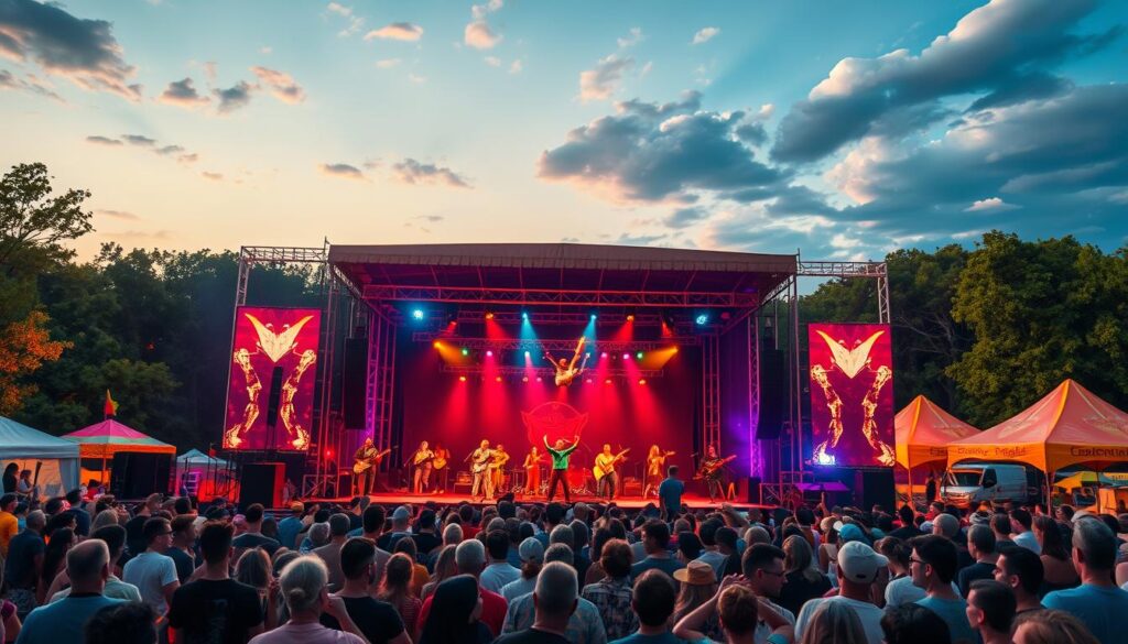 A bustling festival stage set against a warm summer evening sky, illuminated by vibrant stage lighting. In the foreground, a diverse lineup of talented performers - musicians, dancers, acrobats - captivating the crowd with lively, engaging acts. In the middle ground, a throng of enthusiastic spectators, their faces alight with joy and anticipation. The background features a backdrop of lush green trees and vibrant festival tents, creating a sense of festive energy and community. The composition is balanced, with dynamic camera angles and a cinematic, immersive feel, inviting the viewer to experience the excitement and energy of the summer festival entertainment.