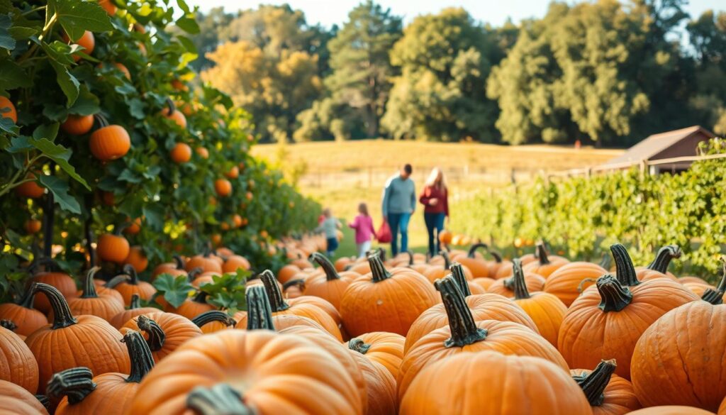 A cozy autumn afternoon in a charming pumpkin patch. In the foreground, a vibrant array of pumpkins in various sizes and hues, their textured skin catching the warm glow of the afternoon sun. In the middle ground, families stroll amongst the vines, children playfully selecting their perfect pumpkin. Framing the scene, a backdrop of lush, verdant foliage and towering trees, their leaves just beginning to turn, casting a golden hue across the pastoral landscape. The atmosphere is one of gentle tranquility, inviting visitors to pause, breathe in the crisp, earthy scents, and fully immerse themselves in the spirit of the fall harvest. Shot with a wide-angle lens to capture the breadth of the scene, the image conveys a sense of rustic abundance and seasonal celebration. A cozy autumn afternoon in a charming pumpkin patch. In the foreground, a vibrant array of pumpkins in various sizes and hues, their textured skin catching the warm glow of the afternoon sun. In the middle ground, families stroll amongst the vines, children playfully selecting their perfect pumpkin. Framing the scene, a backdrop of lush, verdant foliage and towering trees, their leaves just beginning to turn, casting a golden hue across the pastoral landscape. The atmosphere is one of gentle tranquility, inviting visitors to pause, breathe in the crisp, earthy scents, and fully immerse themselves in the spirit of the fall harvest. Shot with a wide-angle lens to capture the breadth of the scene, the image conveys a sense of rustic abundance and seasonal celebration.