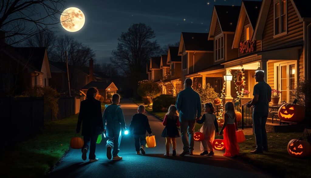 A neighborhood street on a moonlit Halloween night. In the foreground, a group of costumed children approach a well-lit house, their trick-or-treat bags at the ready. In the middle ground, responsible parents escort them, ensuring safety with reflective tape on their costumes and flashlights to guide the way. In the background, carved jack-o'-lanterns and spooky decorations set the festive mood. Soft, warm lighting casts a welcoming glow, while a crescent moon and twinkling stars add to the enchanting atmosphere. The scene conveys the joy and excitement of trick-or-treating, balanced with an emphasis on responsible safety practices. A neighborhood street on a moonlit Halloween night. In the foreground, a group of costumed children approach a well-lit house, their trick-or-treat bags at the ready. In the middle ground, responsible parents escort them, ensuring safety with reflective tape on their costumes and flashlights to guide the way. In the background, carved jack-o'-lanterns and spooky decorations set the festive mood. Soft, warm lighting casts a welcoming glow, while a crescent moon and twinkling stars add to the enchanting atmosphere. The scene conveys the joy and excitement of trick-or-treating, balanced with an emphasis on responsible safety practices.