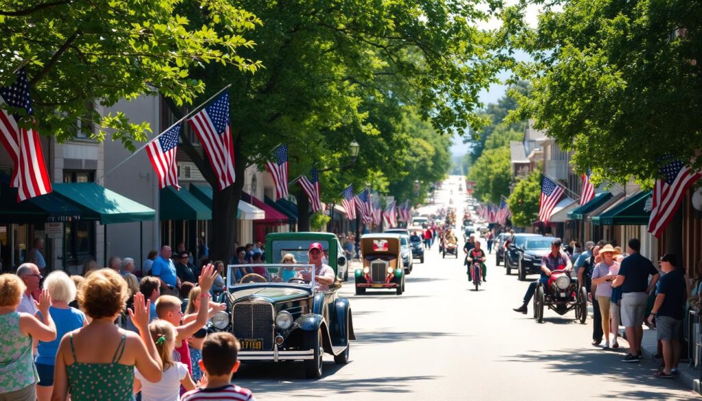 A sun-dappled street in Clarkston, lined with American flags and festive banners, winds its way through a charming small-town setting. In the foreground, families and friends gather, waving and cheering as a colorful parade marches by, featuring vintage cars, marching bands, and costumed performers. Lush green trees and historic buildings frame the scene, creating a warm, nostalgic atmosphere. The parade's route stretches into the distance, offering a glimpse of the community's vibrant 4th of July celebration.