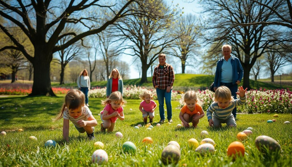 A sunny spring day in a lush park. In the foreground, a group of children eagerly search for colorful Easter eggs, their faces alight with excitement. In the middle ground, parents and guardians keep a watchful eye, ensuring the children's safety as they navigate the grassy terrain. In the background, a picturesque landscape of blooming flowers, towering trees, and a clear blue sky create a serene and inviting atmosphere. The lighting is soft and natural, highlighting the vibrant colors and the sense of joyful adventure. The scene conveys a balanced sense of freedom and responsible oversight, capturing the spirit of a safe and memorable Easter egg hunt.