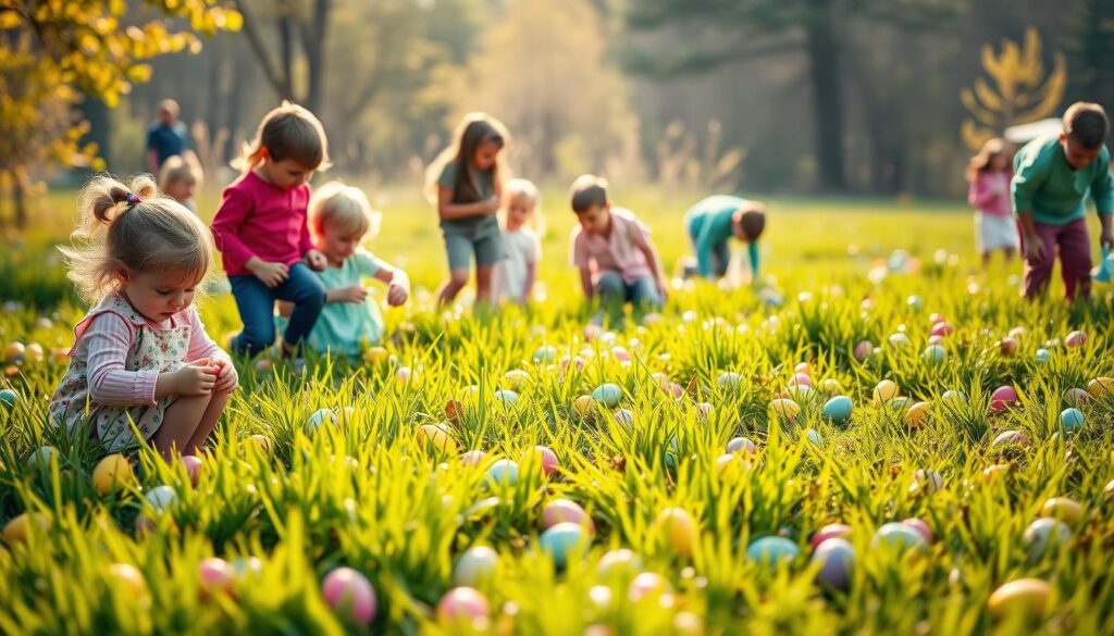 A vibrant and organized Easter egg hunt scene with distinct age group areas. In the foreground, a group of young children, ages 3-6, carefully searching for brightly colored eggs amidst lush, verdant grass. In the middle ground, older children, ages 7-10, excitedly comparing their finds and strategizing their next moves. In the background, a designated area for pre-teens, ages 11-13, meticulously combing through the terrain, their competitive spirit palpable. Diffused natural light casts a warm, golden glow over the scene, creating a sense of whimsy and anticipation. The overall atmosphere is one of joy, community, and friendly rivalry as the different age groups engage in the beloved Easter tradition.