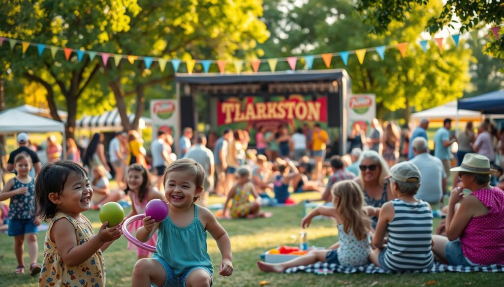 A vibrant summer festival in a lush Clarkston park, families gather under a warm golden-hour glow. In the foreground, children laughing as they play joyful games - tossing beanbags, hula-hooping, and chasing bubbles. In the middle ground, parents and grandparents picnicking on checkered blankets, enjoying local fare and cold lemonade. In the background, a stage with a live band playing upbeat tunes as people dance and sway. Colorful banners and festival flags flutter overhead, creating a celebratory atmosphere. The scene is captured with a wide-angle lens, conveying a sense of community and togetherness on a perfect summer day.