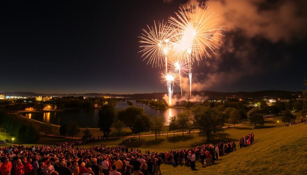 Fireworks lighting up the night sky over Clintonwood Park, the vibrant bursts of color reflected in the serene lake below. In the foreground, a crowd of people gathered on the grassy slopes, their faces aglow with wonder as they watch the dazzling display. The middle ground features lush trees and pathways, inviting visitors to explore the tranquil surroundings. In the background, the silhouettes of nearby buildings and hills create a picturesque backdrop, completing the peaceful, festive atmosphere. The scene is captured with a wide-angle lens, emphasizing the grand scale of the event and the sense of community. Warm, golden lighting from the fireworks casts a magical glow, enhancing the celebratory mood.