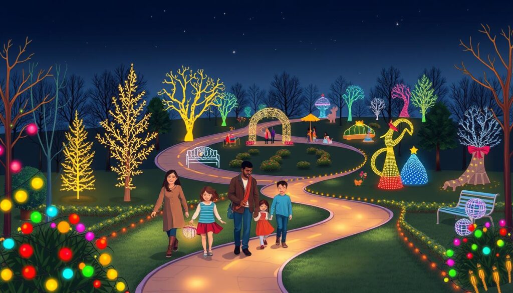 A beautifully illustrated map of a family-friendly light festival walking path, capturing a joyous atmosphere. In the foreground, vibrant holiday lights in various colors twinkle, with families of diverse backgrounds in modest casual clothing happily strolling together along the path. In the middle ground, the winding path is lined with whimsical light displays, such as shimmering trees and dazzling arches, creating a festive ambiance. The background features softly illuminated park features, including benches and playful sculptures adorned with colorful lights, all under a starry night sky. The scene is bathed in warm, inviting light, evoking a cheerful holiday spirit. The map should be clear and easy to read, with distinct path lines guiding viewers through the festival experience, presented with a balanced composition and a slightly elevated perspective. A beautifully illustrated map of a family-friendly light festival walking path, capturing a joyous atmosphere. In the foreground, vibrant holiday lights in various colors twinkle, with families of diverse backgrounds in modest casual clothing happily strolling together along the path. In the middle ground, the winding path is lined with whimsical light displays, such as shimmering trees and dazzling arches, creating a festive ambiance. The background features softly illuminated park features, including benches and playful sculptures adorned with colorful lights, all under a starry night sky. The scene is bathed in warm, inviting light, evoking a cheerful holiday spirit. The map should be clear and easy to read, with distinct path lines guiding viewers through the festival experience, presented with a balanced composition and a slightly elevated perspective.
