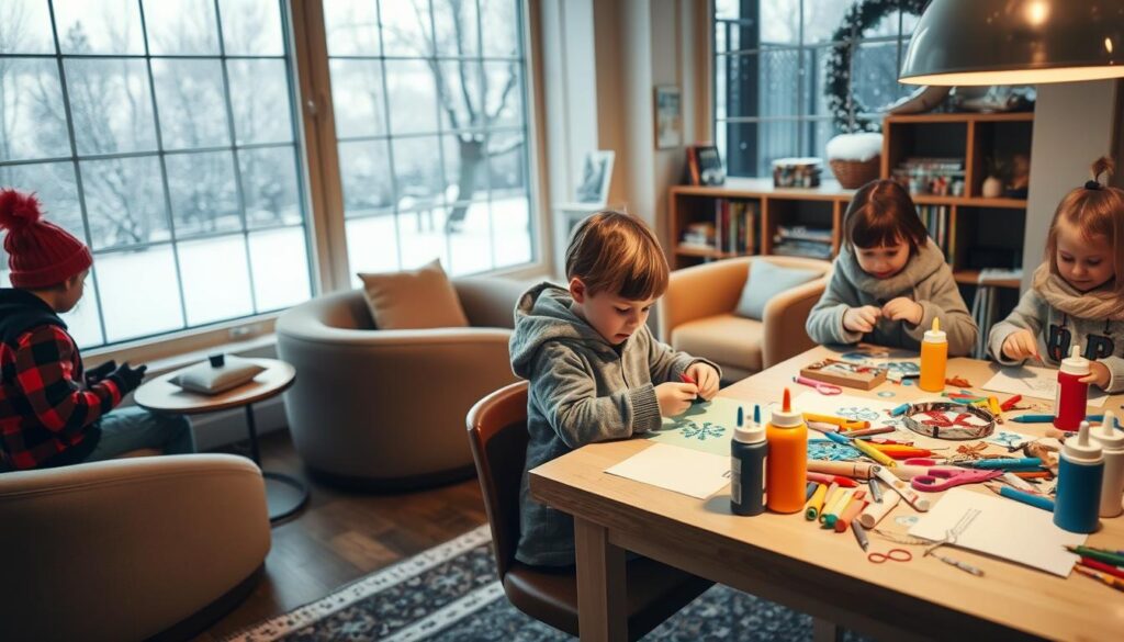 A cozy indoor scene showcasing winter craft activities for families. In the foreground, a well-lit table is filled with colorful crafting supplies like paper, glue, scissors, and markers. Children are engaged in making winter-themed decorations, such as snowflakes and ornaments, wearing warm, casual clothing. In the middle ground, a cozy seating area features plush chairs and a small bookshelf stacked with craft books. The background shows large windows with snow gently falling outside, creating a winter wonderland view. Soft, warm lighting illuminates the room, enhancing the inviting atmosphere. The angle captures both the crafting table and the window view, emphasizing the warmth inside contrasting with the cold outside. A cozy indoor scene showcasing winter craft activities for families. In the foreground, a well-lit table is filled with colorful crafting supplies like paper, glue, scissors, and markers. Children are engaged in making winter-themed decorations, such as snowflakes and ornaments, wearing warm, casual clothing. In the middle ground, a cozy seating area features plush chairs and a small bookshelf stacked with craft books. The background shows large windows with snow gently falling outside, creating a winter wonderland view. Soft, warm lighting illuminates the room, enhancing the inviting atmosphere. The angle captures both the crafting table and the window view, emphasizing the warmth inside contrasting with the cold outside.
