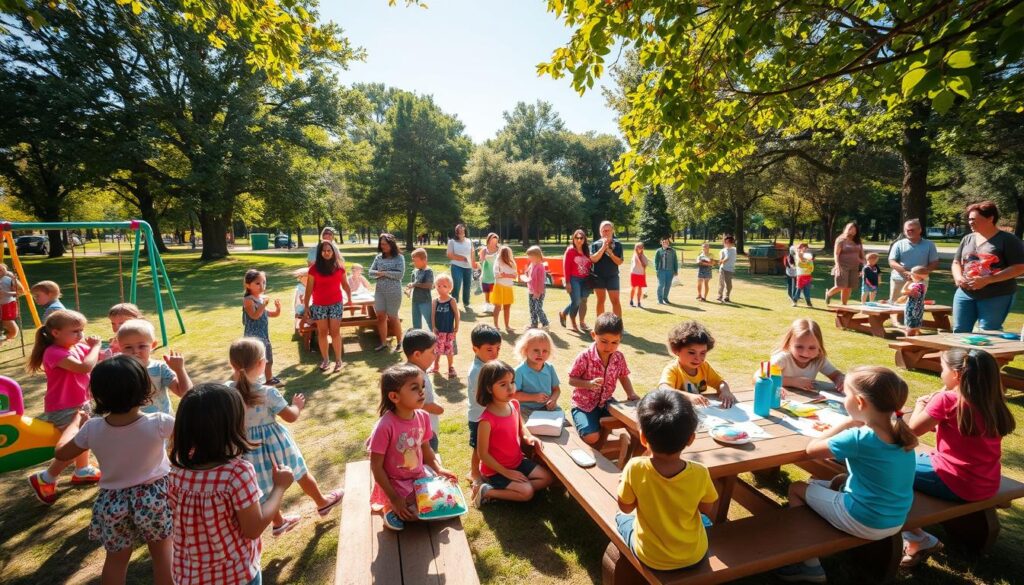A lively preschool park scene during an outdoor event, featuring young children aged 3-5 engaged in various activities such as playing on colorful swings, climbing on a jungle gym, and participating in a small group art project on picnic tables. In the foreground, a diverse group of children dressed in bright, casual clothing joyfully interact, surrounded by vibrant toys and art supplies. The middle ground showcases parents in modest, casual attire watching and encouraging their children, creating a supportive atmosphere. The background includes lush green trees and a clear blue sky, with warm sunlight filtering through leaves, casting playful shadows. The mood is cheerful and inviting, emphasizing community and early childhood development. Capture this scene using a wide-angle lens for a comprehensive view. A lively preschool park scene during an outdoor event, featuring young children aged 3-5 engaged in various activities such as playing on colorful swings, climbing on a jungle gym, and participating in a small group art project on picnic tables. In the foreground, a diverse group of children dressed in bright, casual clothing joyfully interact, surrounded by vibrant toys and art supplies. The middle ground showcases parents in modest, casual attire watching and encouraging their children, creating a supportive atmosphere. The background includes lush green trees and a clear blue sky, with warm sunlight filtering through leaves, casting playful shadows. The mood is cheerful and inviting, emphasizing community and early childhood development. Capture this scene using a wide-angle lens for a comprehensive view.