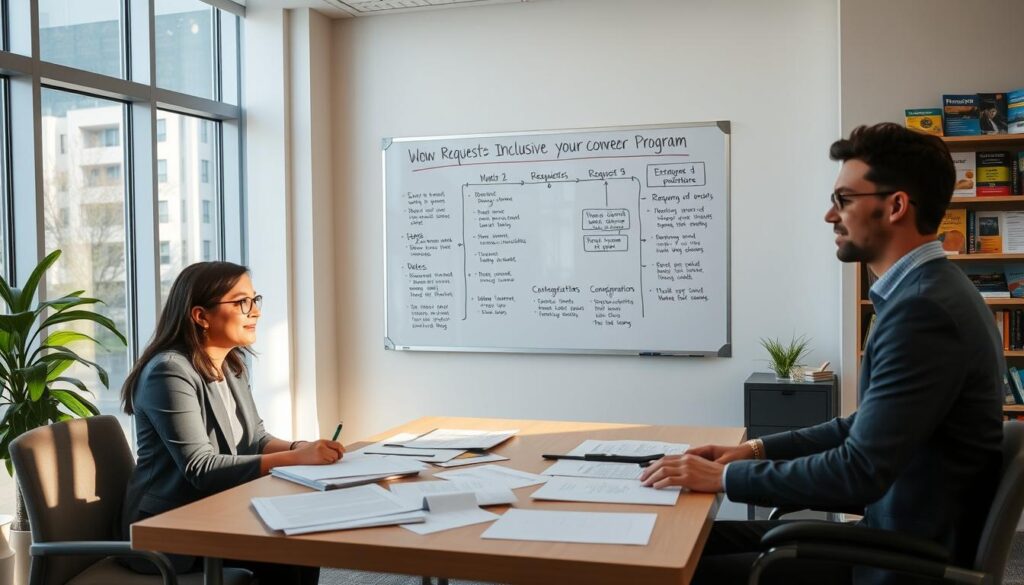 A scene illustrating the process for requesting inclusive program accommodations, set in a welcoming office environment. In the foreground, a diverse group of individuals—one woman wearing a business suit, a man in smart-casual attire, and a young adult with a visible disability—are engaged in discussion around a table with papers and forms scattered. The middle ground showcases a large whiteboard with flowcharts and steps for the request process clearly outlined, emphasizing clarity and accessibility. Soft, natural lighting streams in from large windows, creating a warm and inviting atmosphere. The background features shelves filled with colorful brochures and information on family programs, enhancing the sense of resourcefulness and support. The overall mood is professional yet approachable, conveying an atmosphere of partnership and encouragement.