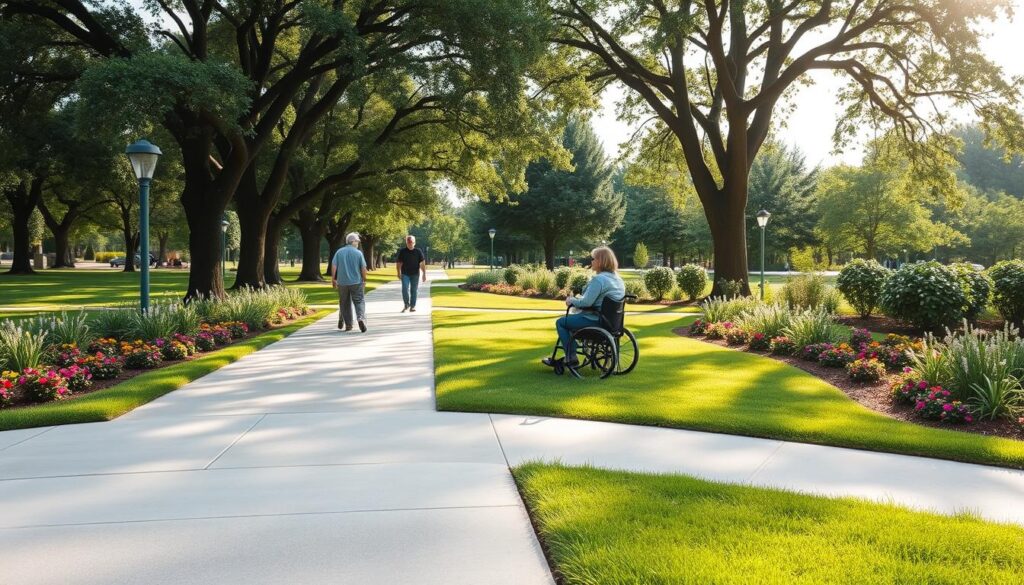 A serene ADA accessible park pathway designed with wide, smooth surfaces suitable for strollers and wheelchairs. In the foreground, include a gently sloping ramp leading into the pathway, flanked by vibrant green grass and colorful flower beds. In the middle ground, depict families enjoying the park: a parent with a stroller and another in a wheelchair, both navigating the path effortlessly. The background features mature trees providing shade and soft sunlight filtering through the leaves, casting dappled shadows on the ground. The scene captures a warm, inviting atmosphere, emphasizing inclusivity and comfort. The angle should be slightly elevated, showcasing the layout of the pathways and their accessibility features, with a focus on the harmonious blend of nature and design.