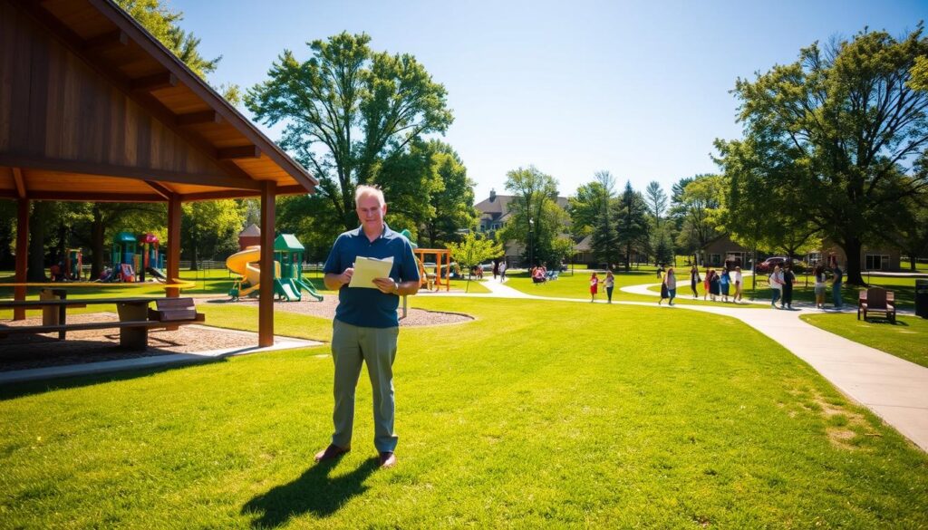 A serene park setting in Clarkston, featuring a sun-drenched area where families gather. In the foreground, there is a grassy space with a large wooden picnic shelter, surrounded by colorful kids' playground equipment. Two adults in modest casual clothing are reviewing a clipboard and discussing permit requirements for park usage. In the middle ground, a marked pathway leads to restrooms clearly visible, blending naturally with the greenery. The background showcases tall trees filtering soft sunlight and a few distant family gatherings, emphasizing community and leisure. The atmosphere is warm and inviting, with a clear blue sky overhead. The scene is photographed from a slightly elevated angle, capturing the essence of family-friendly park activities while highlighting the importance of permits.