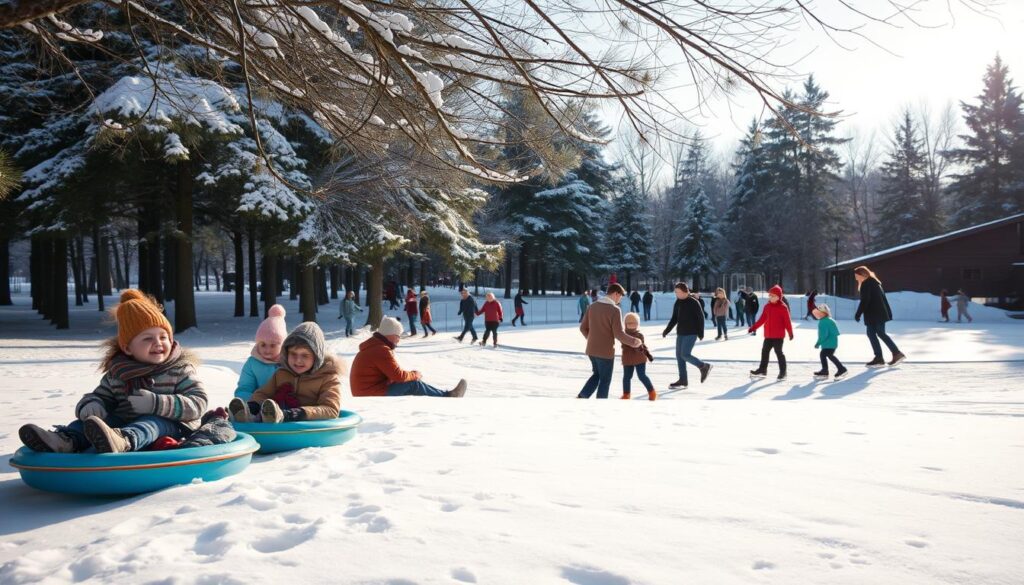 A serene winter scene in Clarkston, showcasing a snowy park bustling with winter activities. In the foreground, families with children dressed in warm, colorful winter attire are sledding down a hill, laughter in the air. In the middle-ground, a small ice rink is filled with children and adults skating, some helping each other as they glide across the glistening ice. Snow-dusted pine trees frame the background, creating a picturesque winter landscape against a clear sky. Soft, diffused sunlight filters through the branches, casting gentle shadows on the snow. The atmosphere is joyful and inviting, capturing the essence of winter fun while reflecting the community’s weather policies that allow for safe enjoyment of outdoor activities. A serene winter scene in Clarkston, showcasing a snowy park bustling with winter activities. In the foreground, families with children dressed in warm, colorful winter attire are sledding down a hill, laughter in the air. In the middle-ground, a small ice rink is filled with children and adults skating, some helping each other as they glide across the glistening ice. Snow-dusted pine trees frame the background, creating a picturesque winter landscape against a clear sky. Soft, diffused sunlight filters through the branches, casting gentle shadows on the snow. The atmosphere is joyful and inviting, capturing the essence of winter fun while reflecting the community’s weather policies that allow for safe enjoyment of outdoor activities.