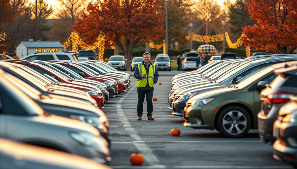 A vibrant Halloween scene depicting the parking strategies for the "Halloween in the Park" event. In the foreground, a well-organized parking lot filled with cars of various sizes and colors, adorned with small pumpkins and Halloween decorations. In the middle ground, a friendly parking attendant in a reflective vest guides families who are arriving in modest casual clothing, directing traffic with a smile. The background shows a beautifully decorated park with festive lights and colorful autumn leaves, highlighting the cheerful atmosphere of the event. Soft, warm lighting creates an inviting ambiance, while a clear sunset casts gentle shadows, emphasizing a sense of community and safety. Use a wide-angle lens to capture the entire scene from a slightly elevated perspective, creating a sense of depth and organization.