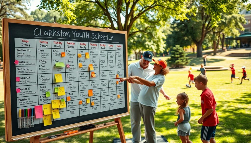 A vibrant and organized scene depicting a Clarkston youth sports scheduling board, centrally displayed on a large chalkboard or whiteboard. In the foreground, a neatly arranged set of schedules with colorful markers and sticky notes indicating practice times and game dates. The middle section features enthusiastic parents and coaches in modest casual clothing collaboratively discussing the schedule, pointing at various time slots. The background shows a sunny park setting with young athletes practicing soccer and baseball, adding energy to the scene. Natural sunlight filters through the trees, creating a warm atmosphere that conveys community spirit and excitement. The image captures the essence of teamwork and planning in youth sports, emphasizing the importance of practice and game schedules in a friendly and engaging environment. A vibrant and organized scene depicting a Clarkston youth sports scheduling board, centrally displayed on a large chalkboard or whiteboard. In the foreground, a neatly arranged set of schedules with colorful markers and sticky notes indicating practice times and game dates. The middle section features enthusiastic parents and coaches in modest casual clothing collaboratively discussing the schedule, pointing at various time slots. The background shows a sunny park setting with young athletes practicing soccer and baseball, adding energy to the scene. Natural sunlight filters through the trees, creating a warm atmosphere that conveys community spirit and excitement. The image captures the essence of teamwork and planning in youth sports, emphasizing the importance of practice and game schedules in a friendly and engaging environment.