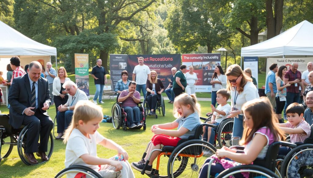 A vibrant community gathering scene showcasing various individuals engaged in adaptive recreation activities in a park setting in Clarkston. In the foreground, a diverse group of men, women, and children, dressed in professional business attire and modest casual clothing, interact joyfully with adaptive sports equipment, like wheelchairs and sensory-friendly toys. In the middle ground, tents and booths represent various community partnerships, with banners and informational displays highlighting the mission of inclusivity. The background features lush greenery and soft sunlight filtering through trees, creating an inviting and warm atmosphere. The camera angle is slightly elevated, capturing both close interactions and the broader community spirit. The overall mood is cheerful and supportive, emphasizing togetherness and accessibility in recreation.