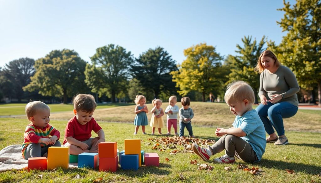 A vibrant outdoor scene depicting a lively toddler program in Clarkston, showcasing children engaged in various activities. In the foreground, two toddlers in colorful, modest outfits are playing with large building blocks on a soft, grassy area. In the middle, a small group of children are joyfully participating in a nature scavenger hunt, gathering leaves and small stones under the supervision of attentive caregivers dressed in casual, professional clothing. The background features a picturesque park with rich green trees and a clear blue sky, illuminated by warm sunlight, casting gentle shadows. The scene captures a sense of joy and exploration, highlighting the balance of indoor and outdoor play while fostering early childhood development. A vibrant outdoor scene depicting a lively toddler program in Clarkston, showcasing children engaged in various activities. In the foreground, two toddlers in colorful, modest outfits are playing with large building blocks on a soft, grassy area. In the middle, a small group of children are joyfully participating in a nature scavenger hunt, gathering leaves and small stones under the supervision of attentive caregivers dressed in casual, professional clothing. The background features a picturesque park with rich green trees and a clear blue sky, illuminated by warm sunlight, casting gentle shadows. The scene captures a sense of joy and exploration, highlighting the balance of indoor and outdoor play while fostering early childhood development.