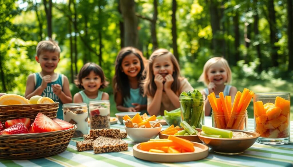 A vibrant, outdoor summer camp scene in Clarkston, featuring a picnic table laden with an array of colorful and healthy snacks. In the foreground, showcase a variety of nutritional treats, such as freshly cut fruit, granola bars, yogurt parfaits, and vegetable sticks with hummus. In the middle ground, children of diverse backgrounds, dressed in casual summer attire, happily enjoying their snacks, laughter and joy on their faces. The background captures a lush green forest with sunlight filtering through the trees, creating a warm, inviting atmosphere. The lighting is bright and cheerful, evoking the essence of summer. The composition emphasizes the fun and wholesome aspects of summer camp nutrition, inviting the viewer into the joyful experience.
