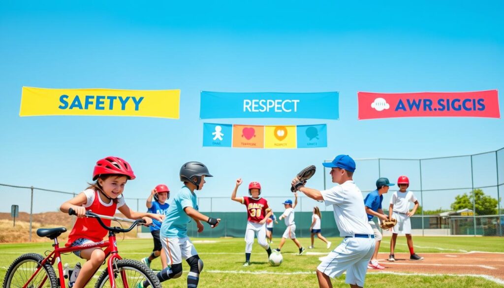 A vibrant scene depicting children participating in various sports while adhering to safety guidelines. In the foreground, a girl wearing a helmet rides her bicycle alongside a boy in knee pads dribbling a soccer ball. The middle section features a baseball game where kids are wearing mitts and helmets, with a coach demonstrating proper stretching techniques. In the background, a clear blue sky and a well-maintained sports field set a cheerful ambiance, with colorful banners illustrating sportsmanship symbols like teamwork and respect. The lighting is bright and sunny, emphasizing a safe and encouraging environment for youth sports. The mood is energetic and positive, capturing excitement while promoting the importance of safety and sportsmanship in youth leagues. A vibrant scene depicting children participating in various sports while adhering to safety guidelines. In the foreground, a girl wearing a helmet rides her bicycle alongside a boy in knee pads dribbling a soccer ball. The middle section features a baseball game where kids are wearing mitts and helmets, with a coach demonstrating proper stretching techniques. In the background, a clear blue sky and a well-maintained sports field set a cheerful ambiance, with colorful banners illustrating sportsmanship symbols like teamwork and respect. The lighting is bright and sunny, emphasizing a safe and encouraging environment for youth sports. The mood is energetic and positive, capturing excitement while promoting the importance of safety and sportsmanship in youth leagues.