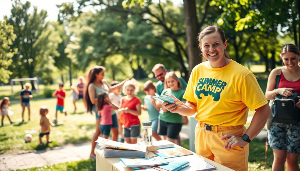 A vibrant summer camp registration scene set against the backdrop of a lush green park in Clarkston. In the foreground, a friendly camp counselor stands behind an inviting registration table adorned with colorful brochures and registration forms, wearing a bright camp t-shirt and shorts. To the left, enthusiastic parents and children are engaged in a lively discussion, eagerly pointing at the brochures. In the middle ground, a group of children is playing with sports equipment, with the sun filtering through the trees, casting dappled light on the scene. The overall atmosphere is cheerful and welcoming, conveying excitement about summer activities. Ensure the lighting is bright and sunny, capturing the essence of summer. Use a wide-angle lens to encompass the bustling scene, with a soft focus on the background for depth.