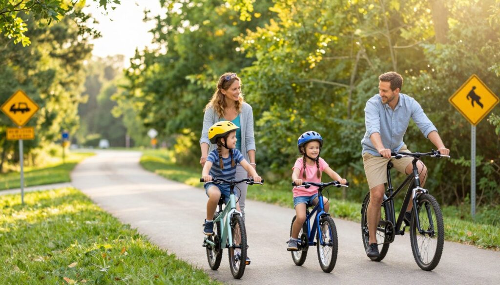 A cheerful family biking together on a safe, scenic trail in Clarkston. In the foreground, a mother and father, dressed in modest casual clothing, encourage their two children who ride well-equipped bikes, wearing colorful helmets. The middle ground displays a lush, green trail surrounded by trees, with a few safety signs visible, reminding about helmet use and trail etiquette. In the background, soft afternoon sunlight filters through the leaves, creating a warm and inviting atmosphere. The scene conveys a sense of joy, adventure, and safety. Captured with a slightly upward angle to emphasize the family biking together, the image should evoke a mood of togetherness and the importance of safety while enjoying the outdoors.
