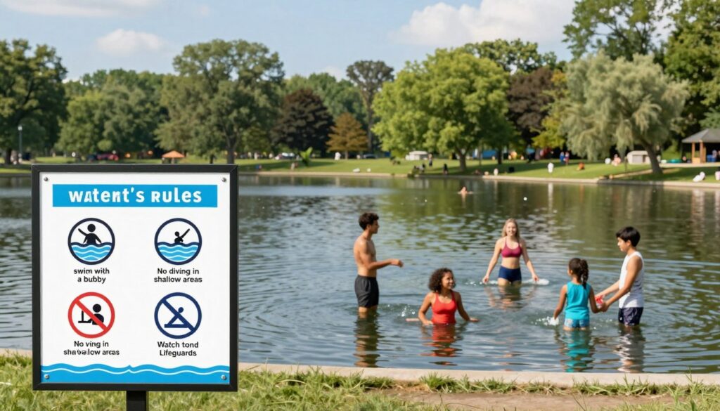 A serene park scene in Clarkston, showcasing water safety rules. In the foreground, an illustrated safety board with clear, visually appealing icons representing essential water safety rules, such as "swim with a buddy," "no diving in shallow areas," and "watch for lifeguards." The middle ground features diverse individuals of all ages enjoying water activities, dressed in modest, casual clothing, smiling as they play near a calm lake. In the background, lush green trees and a bright blue sky enhance the cheerful atmosphere. Soft, natural lighting bathes the scene, highlighting the joyous yet responsible interaction with water. The image should capture a sense of safety, fun, and community engagement while remaining clear and organized.
