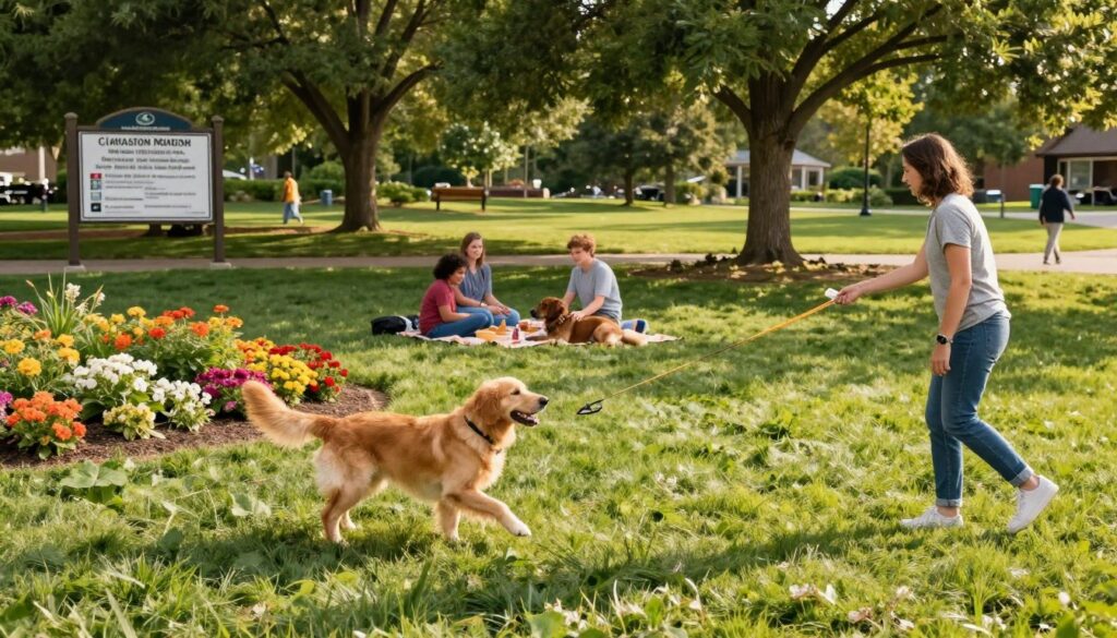 A spacious pet-friendly park in Clarkston, featuring a lush green landscape with well-maintained grass and colorful flower beds. In the foreground, a cheerful golden retriever plays fetch with its owner, a person in casual attire, demonstrating safe play practices. In the middle ground, a family enjoys a picnic, their dog resting beside them, showcasing compliance with safety protocols like leashes and designated pet areas. The background reveals a park sign displaying safety regulations, framed by tall trees, providing shade and a sense of community. The lighting is warm and inviting, suggesting a sunny afternoon, captured from a slightly elevated angle to include both people and pets, emphasizing a safe and happy atmosphere for families and their pets.