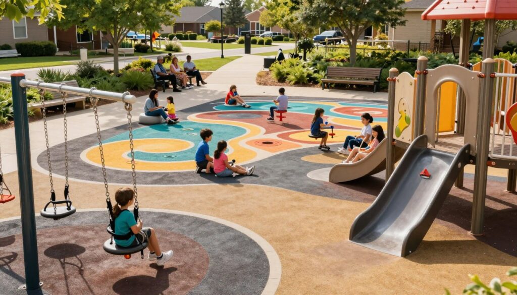 A vibrant children's playground in Clarkston designed with accessibility features prominently displayed. In the foreground, highlight adaptive swings with safety harnesses and a child-friendly ramp leading to an inclusive play structure. The middle ground showcases colorful tactile panels and sensory pathways accessible to all children, surrounded by diverse families engaging in playful activities. In the background, a wide, smooth path lined with greenery and benches where caregivers can relax. The scene is bathed in warm, natural sunlight filtering through the trees, creating a cheerful and inviting atmosphere. Capture the image from a slightly elevated angle to encompass the full scope of the playground's design, emphasizing the inclusivity and joy of active family fun.