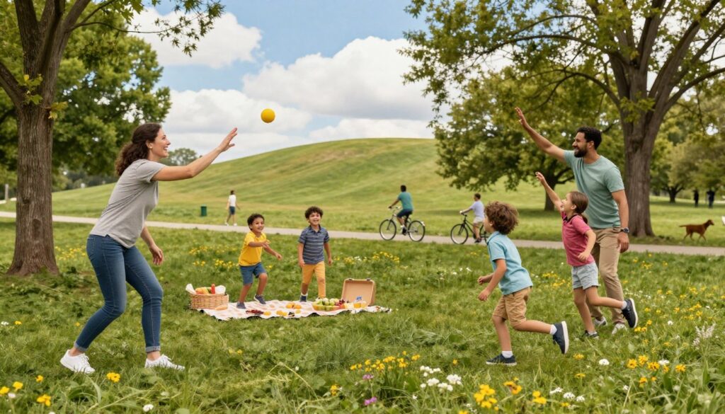A joyful family engaged in various outdoor activities in a picturesque park setting in Clarkston. In the foreground, a mother and father are playing catch with their children, who are smiling and running energetically. The middle ground features a picnic blanket adorned with healthy snacks, surrounded by trees and vibrant wildflowers, indicating a warm, sunny day. In the background, a gentle hill leads to a blue sky with fluffy white clouds, while other families can be seen riding bicycles and walking dogs. The scene is bathed in soft, natural lighting, capturing the lively atmosphere of outdoor fun and fitness. The image should convey a sense of harmony and togetherness in nature. A joyful family engaged in various outdoor activities in a picturesque park setting in Clarkston. In the foreground, a mother and father are playing catch with their children, who are smiling and running energetically. The middle ground features a picnic blanket adorned with healthy snacks, surrounded by trees and vibrant wildflowers, indicating a warm, sunny day. In the background, a gentle hill leads to a blue sky with fluffy white clouds, while other families can be seen riding bicycles and walking dogs. The scene is bathed in soft, natural lighting, capturing the lively atmosphere of outdoor fun and fitness. The image should convey a sense of harmony and togetherness in nature.