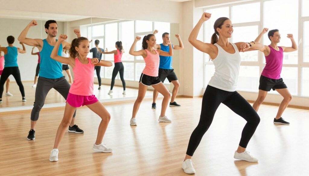 A vibrant indoor family dance workout scene featuring a diverse group of family members, including parents and children, joyfully participating in various dance styles such as hip-hop, salsa, and Zumba. In the foreground, capture the energetic poses of a mother and her daughter mid-dance, both in modest, colorful athletic wear. In the middle ground, include another family practicing synchronized dance moves, showcasing their smiles and connection. The background should feature mirrors and a spacious studio with bright, natural lighting flooding in through large windows. The atmosphere should be lively and encouraging, emphasizing fun and fitness, with a dynamic angle that gives a sense of movement, as if the viewer is part of the dance.