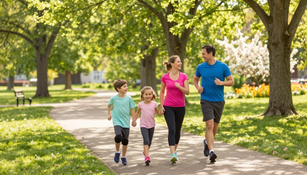 A vibrant scene depicting a family engaged in a training run in a picturesque Clarkston park setting. In the foreground, a mother and father, dressed in comfortable athletic attire, stride confidently alongside their two children, a boy and a girl, both beaming with joy. They hold hands and display an encouraging spirit, showcasing teamwork and family bonding. The middle ground features a paved running trail lined with lush green trees and blooming flowers, creating an inviting atmosphere. In the background, warm sunlight filters through the foliage, casting soft shadows and illuminating the cheerful expressions on the family's faces. The mood is uplifting and energetic, emphasizing the joy and togetherness of preparing for a fun run. Use a wide-angle lens to capture the expansive beauty of the park, with a focus on the family’s interaction.