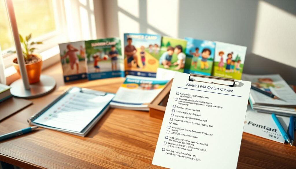 A detailed and organized desk setup featuring a "Parent FAQ Contact Checklist" in the foreground, displayed prominently on a tidy wooden desk. The checklist should feature bullet points with common questions and contact information, illustrated with clear icons for easy navigation. In the middle ground, include colorful summer camp brochures and sports clinic flyers, showcasing active children engaging in various outdoor activities. In the background, soft sunlight filters through a window, casting gentle shadows that create a warm, inviting atmosphere. The mood should be informative yet relaxed, highlighting the spirit of summer camps. The scene should be shot from a slight overhead angle, emphasizing the structure of the layout while maintaining a focus on the checklist.