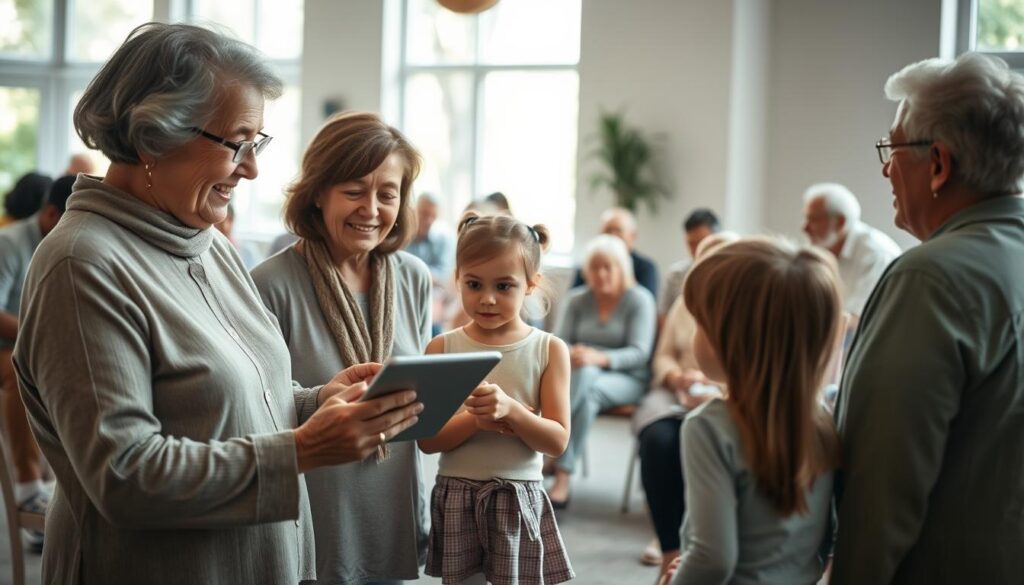 A serene community center setting during an intergenerational event, featuring a group of diverse adults aged 60 and above engaging with children in a thoughtful conversation about privacy and consent regarding photography. In the foreground, two seniors, a woman in her 70s wearing modest clothing and a man in his 60s in business casual attire, are showing a tablet to two curious kids, discussing photo-taking guidelines. The middle ground showcases a cozy circle of chairs where more participants, including parents, are listening attentively. The background features soft, natural lighting coming through large windows, trees visible outside, creating a warm and inviting atmosphere. The mood is friendly and informative, emphasizing respect and understanding in intergenerational communication. The scene is well-composed with a slight lens blur deepening focus on the foreground interaction. A serene community center setting during an intergenerational event, featuring a group of diverse adults aged 60 and above engaging with children in a thoughtful conversation about privacy and consent regarding photography. In the foreground, two seniors, a woman in her 70s wearing modest clothing and a man in his 60s in business casual attire, are showing a tablet to two curious kids, discussing photo-taking guidelines. The middle ground showcases a cozy circle of chairs where more participants, including parents, are listening attentively. The background features soft, natural lighting coming through large windows, trees visible outside, creating a warm and inviting atmosphere. The mood is friendly and informative, emphasizing respect and understanding in intergenerational communication. The scene is well-composed with a slight lens blur deepening focus on the foreground interaction.