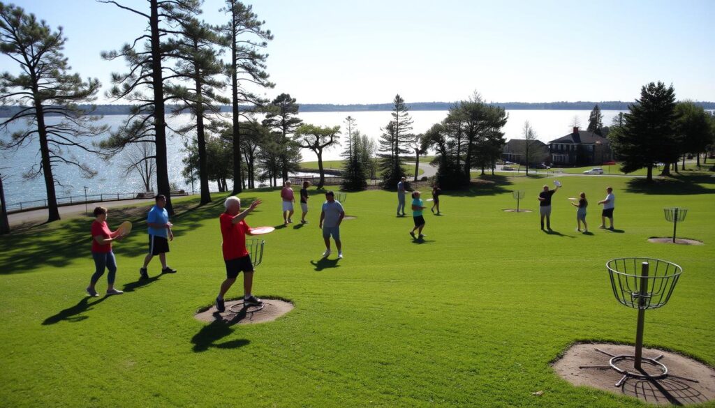 A vibrant disc golf course at Bay Court Park on a sunny day, featuring lush green fairways and carefully maintained baskets. In the foreground, a diverse group of players, dressed in casual sportswear, engage in a friendly game, showcasing proper form and etiquette while throwing discs. The midground captures the undulating terrain with light shadows cast by tall trees lining the route, creating a playful ambiance. In the background, sparkling water gently glistens under the sunlight, providing a serene waterfront view, while the distant features of Brady Lodge add a sense of place. Soft, warm lighting casts a welcoming mood, enhancing the overall feeling of community and recreation, all from a slightly elevated angle that adds depth and perspective to the scene.