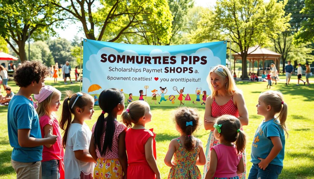 A vibrant, inviting scene illustrating a community center’s scholarship and payment plan initiative for summer day camps. In the foreground, a diverse group of children of varying ages, dressed in colorful summer attire, actively discussing the benefits of scholarships with a friendly, professional adult mentor. In the middle ground, a large banner displays cheerful imagery of sports and outdoor activities, symbolizing the various summer programs available. The background features a sunny park setting with trees and families enjoying the day, creating a lively atmosphere. The lighting is bright and cheerful, mimicking late morning sunlight. The angle is slightly elevated, capturing both the interaction and the joyful surroundings, emphasizing community and opportunity.