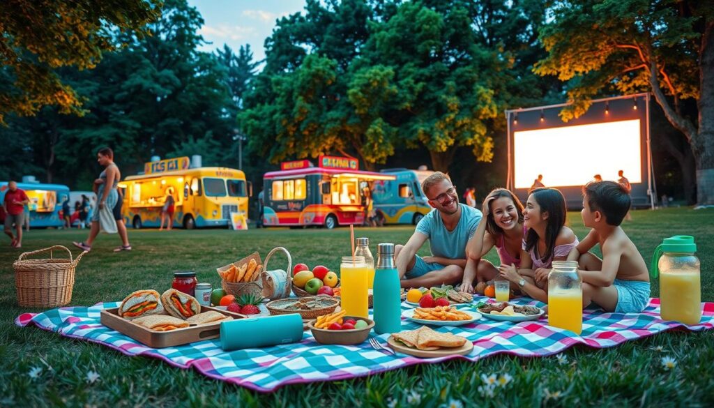 A vibrant summer evening scene in a park, bursting with life. In the foreground, a colorful picnic spread features a checkered blanket adorned with an array of freshly prepared foods like sandwiches, fruits, and snacks, with a thermos of lemonade beside it. Next to the blanket, a family of four, dressed in casual summer attire, enjoys their meal while laughing and chatting. In the middle, several food trucks offer a variety of mouth-watering options, their colorful designs attracting visitors. The background features a large outdoor movie screen casting a soft glow, surrounded by lush green trees under a twilight sky. The warm ambient lighting creates a joyful and inviting atmosphere, capturing the essence of community and outdoor summer fun.