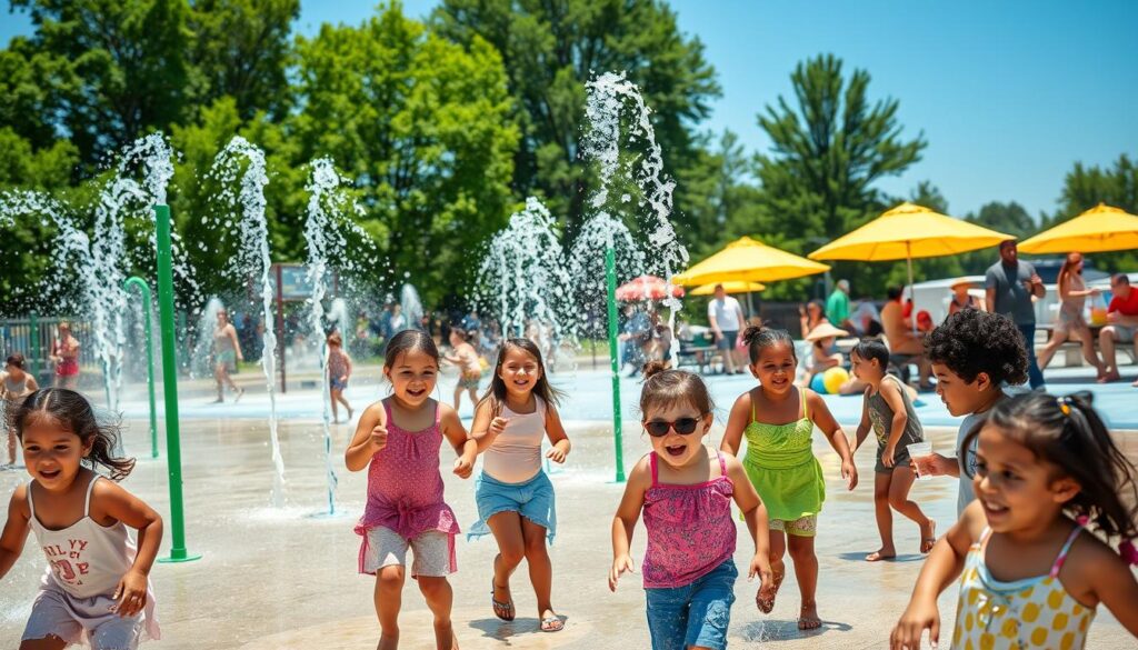 A vibrant summer scene at Independence Township's spray park, capturing children and families enjoying playful water splashes. In the foreground, diverse children in modest casual clothing are laughing and running through jets of colorful water, joyfully interacting with each other. In the middle ground, families relax on picnic blankets under bright umbrellas, some cooling off with icy treats. The backdrop features green trees and a clear blue sky, suggesting a sunny, cheerful day. A subtle light reflects off the water, creating a sparkling effect. The angle is slightly elevated to give a panoramic view of the spray park, capturing the essence of summer fun and community spirit. The atmosphere is lively and joyful, highlighting the excitement of summer events.