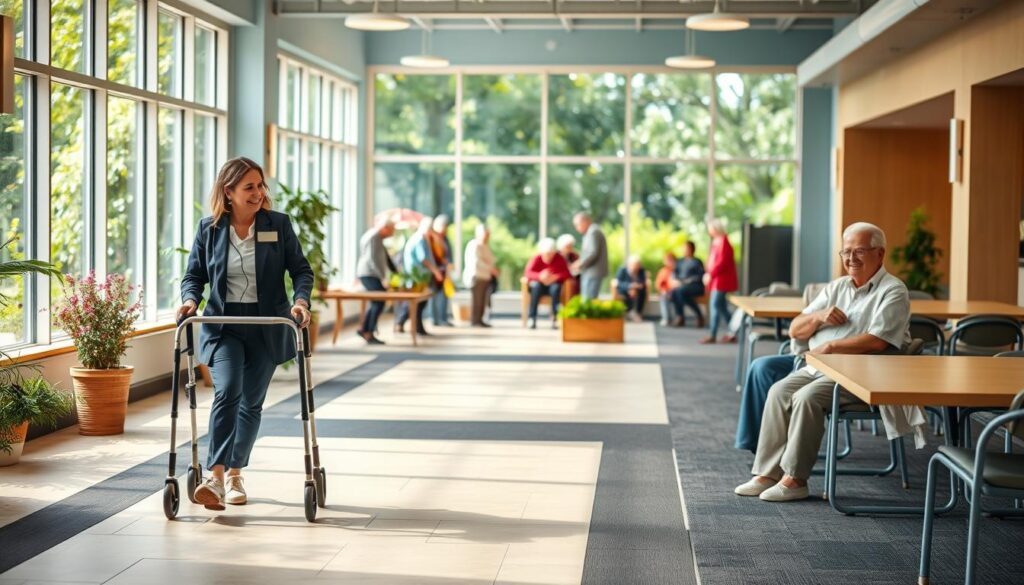 A welcoming senior center environment focusing on accessibility, featuring wide, well-lit pathways and ramps for easy navigation. In the foreground, a friendly staff member in professional attire assists an elderly person using a walker. In the middle, small groups of seniors engage in various activities, such as gardening and crafts, creating a lively atmosphere. The background showcases large windows allowing natural light to flood in, with vibrant greenery visible outside, enhancing a sense of community. The scene is warm and inviting, promoting inclusivity and support. Use soft, natural lighting with a shallow depth of field to emphasize the interactions between individuals. The overall mood is cheerful and inviting, encouraging connection across generations. A welcoming senior center environment focusing on accessibility, featuring wide, well-lit pathways and ramps for easy navigation. In the foreground, a friendly staff member in professional attire assists an elderly person using a walker. In the middle, small groups of seniors engage in various activities, such as gardening and crafts, creating a lively atmosphere. The background showcases large windows allowing natural light to flood in, with vibrant greenery visible outside, enhancing a sense of community. The scene is warm and inviting, promoting inclusivity and support. Use soft, natural lighting with a shallow depth of field to emphasize the interactions between individuals. The overall mood is cheerful and inviting, encouraging connection across generations.